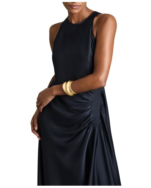 Reiss Blue Satin Shirred Midi Dress