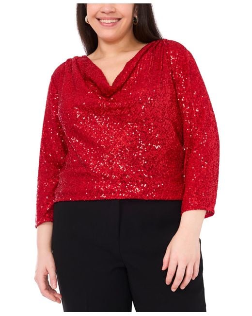 Vince Camuto Red Plus Size Drape Neck 3/4-sleeve Top