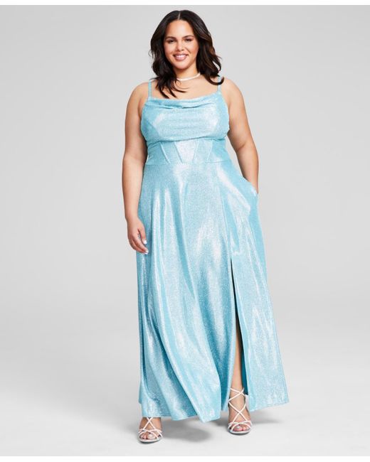 B Darlin Blue Trendy Plus Size Glittery Cowlneck Corset Gown
