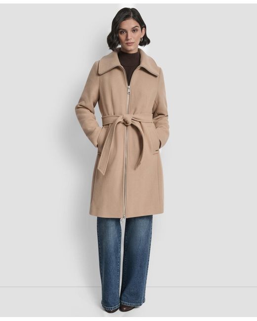 DKNY Natural Collared Neck Belted Coat