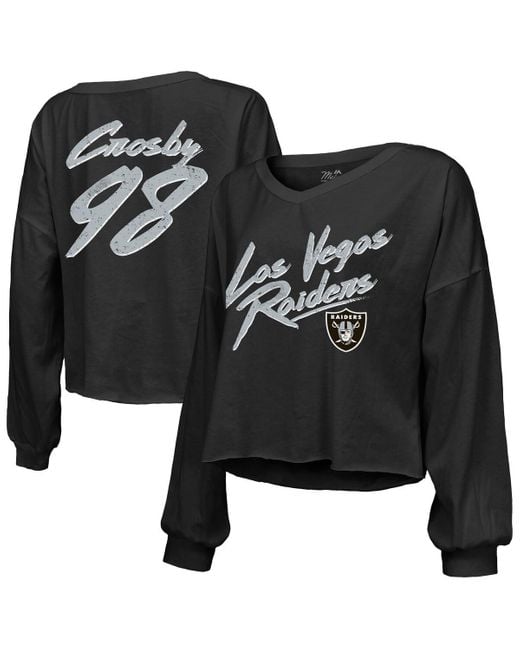 Majestic Black Maxx Crosby Las Vegas Raiders Off-shoulder Script Player Name Number Cropped Long Sleeve V-neck T-shirt