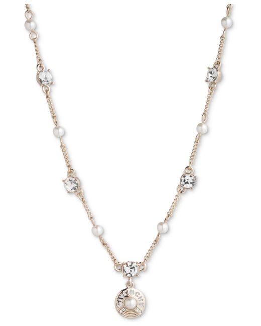 Givenchy Metallic Gold-tone Imitation Pearl & Crystal Logo Pendant Necklace