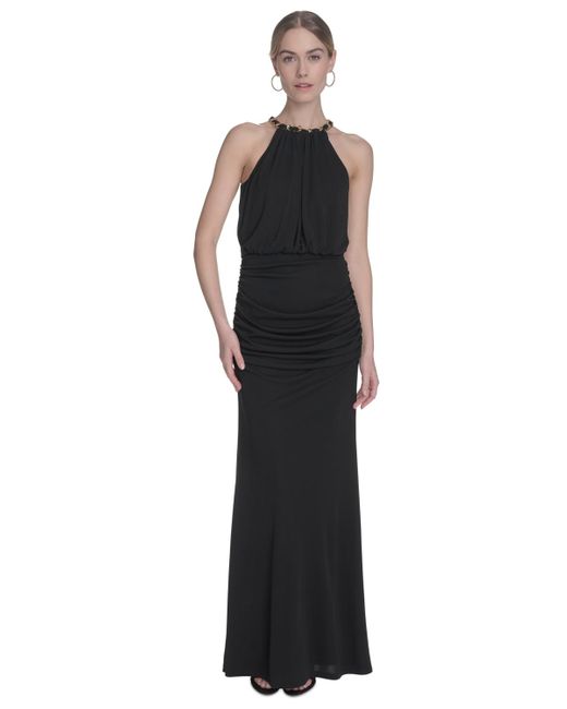 Eliza J Black Chain-link Halter Blouson Gown