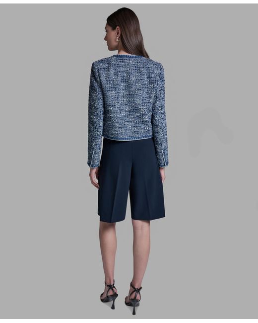 BCBGMAXAZRIA Blue Shoulder Padding Open Front Tweed Jacket