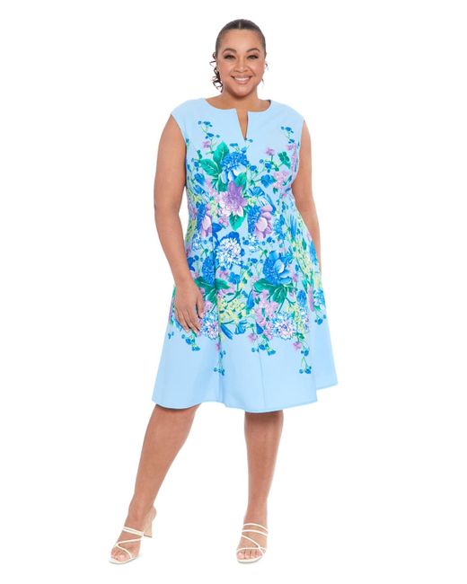 London Times Blue Plus Size Split-neck Floral-print Fit & Flare Dress
