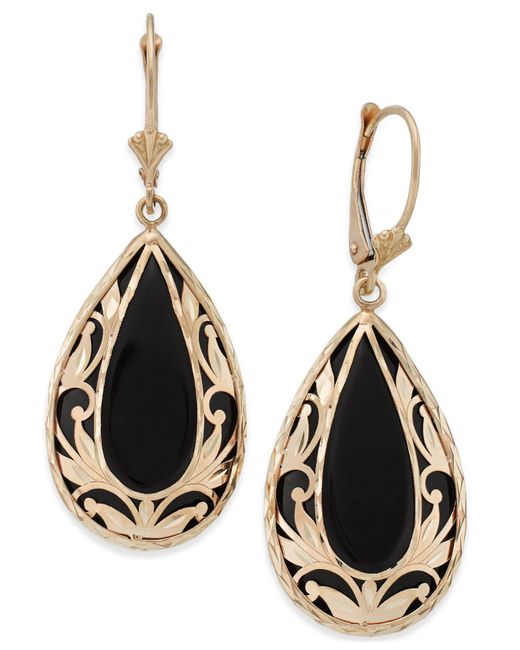 Macy's Black Onyx Teardrop Decorative Framed Drop Earrings In 14k Gold