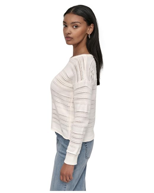 DKNY Blue Petite Crewneck Open-stitch Cotton Sweater