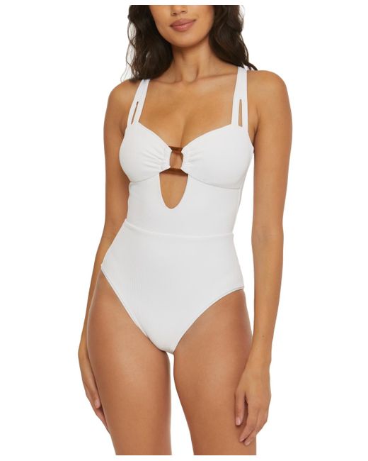 Becca White Modern Edge Cutout Ribbed One-piece Swimsuit