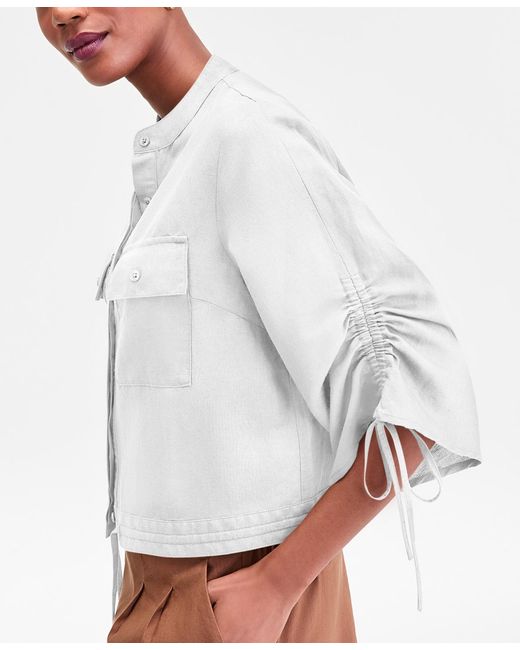 INC International Concepts White Tie-sleeve Chambray Tie-waist Blouse