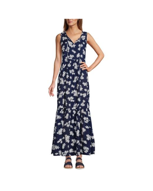 Lands' End Blue Sheer Sleeveless Tiered Maxi Swim Cover-up Dress