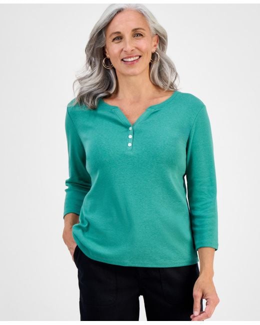 Style & Co. Green Petite Cotton Knit Henley 3/4-sleeve Top
