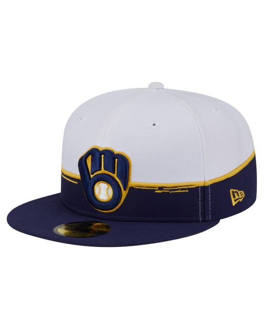 KTZ Blue Navy/white Milwaukee Brewers Paint Stroke 59fiftyâ Fitted Hat for men