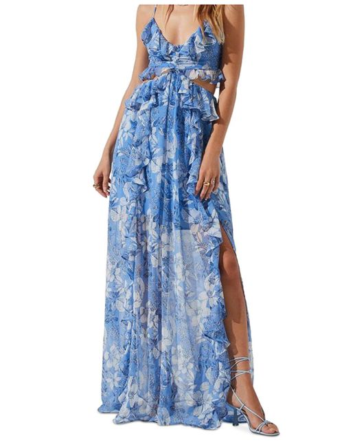 Astr Palace Floral-print Ruffled Maxi Dress in Blue | Lyst
