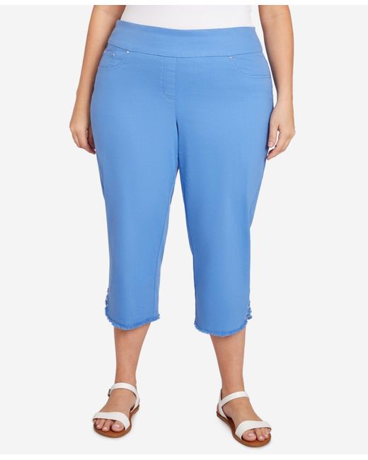 Ruby Rd Blue Plus Size Pull-on Stretch Denim Lace Hem Capri Pants