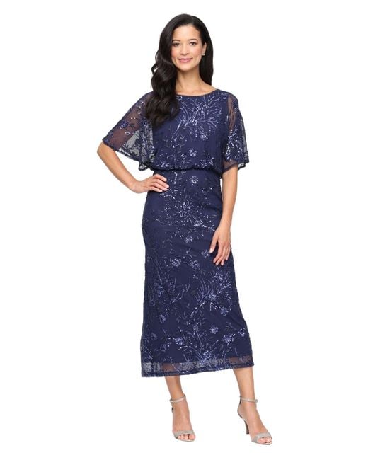 Sl Fashions Women's Blue Petite Sequined Blouson Dress