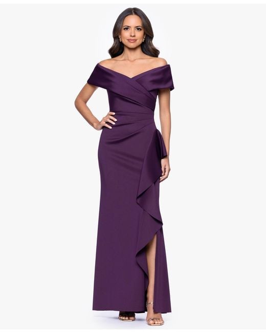 Xscape Purple Petite Off-the-shoulder Ruffle Detail Gown