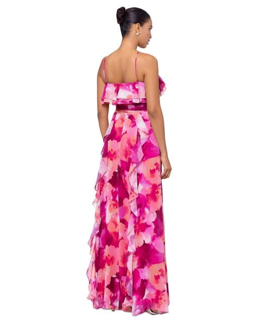 Xscape Pink Floral-print Rosette Halter Gown