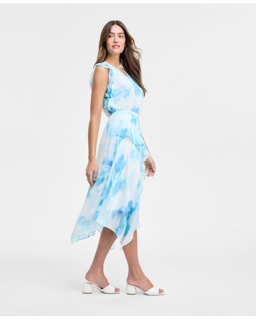 Jones New York Blue Ruffled Chiffon Bias-cut Midi Skirt