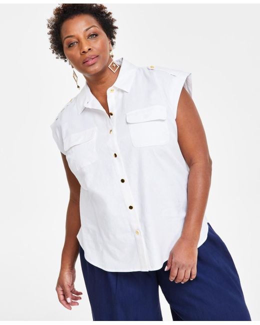INC International Concepts White Plus Size Linen-blend Sleeveless Utility Shirt