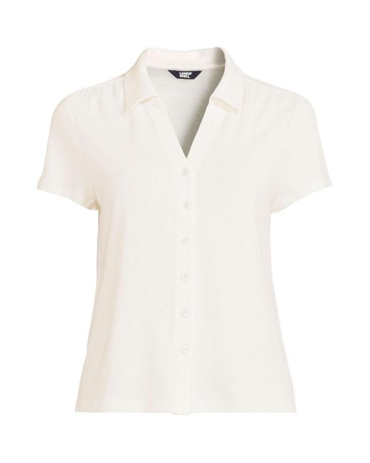 Lands' End White Plus Size Linen Blend Short Sleeve Button Front Polo Top