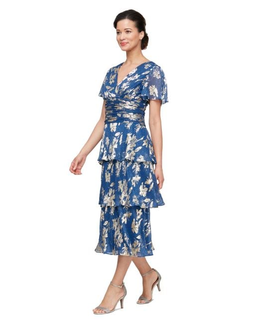 Sl Fashions Floral Surplice-neck Tiered Dress in Blue | Lyst