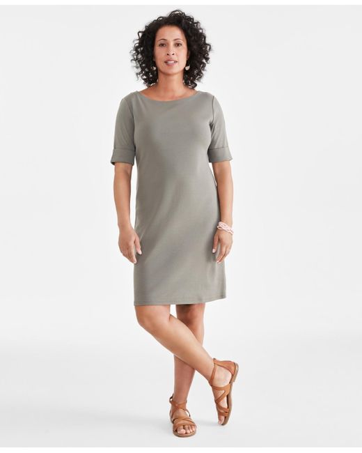 Style & Co. Gray Cotton Boat-neck Elbow-sleeve Dress