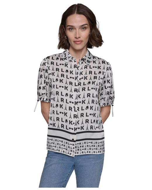 Karl Lagerfeld Gray Printed Bungee-sleeve Button-down Top