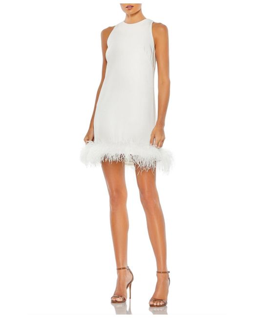 Mac Duggal White Feathered Hem High Neck Sleeveless A Line Dress