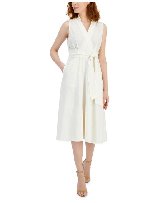 Tahari White Faux-wrap Linen Midi Dress
