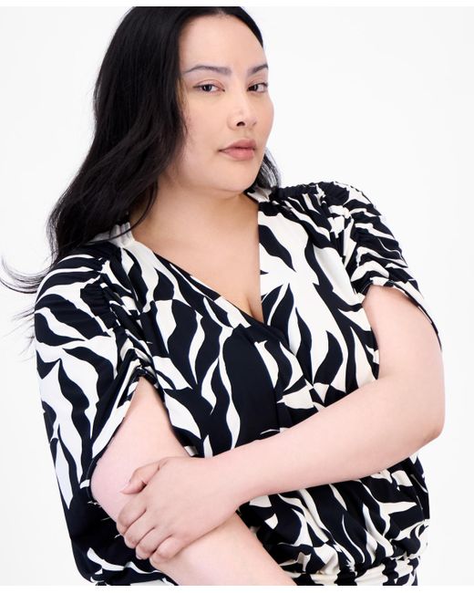 INC International Concepts Black Plus Size Printed Surplice Short-sleeve Top