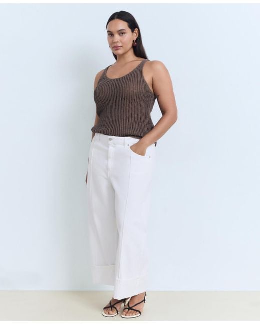 Mango White Turned-up Hem Wide Leg Cropped Jeans