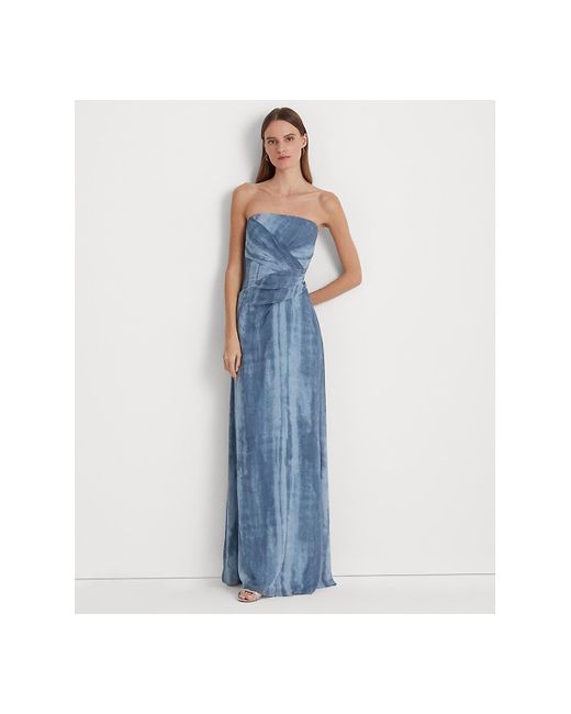 Lauren by Ralph Lauren Blue Tie-dye–print Georgette Strapless Gown