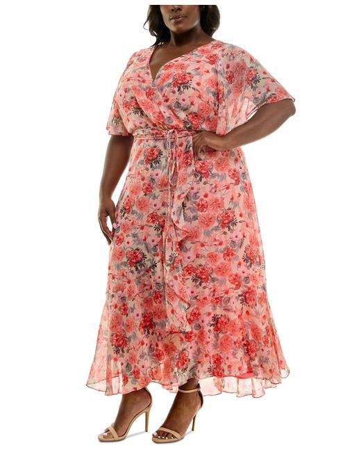 Taylor Red Plus Size Floral-print Flutter-sleeve Maxi Dress