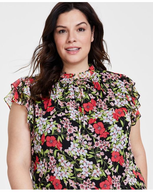 Anne Klein Multicolor Plus Size Printed Ruffle-sleeve Tie-neck Blouse