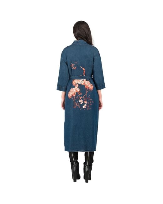 Standards & Practices Blue Bird Print Back Denim Kimono Trench Coats