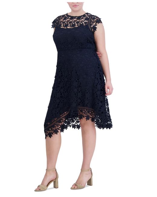 Eliza J Blue Plus Size Floral-lace Boat-neck Fit & Flare Dress