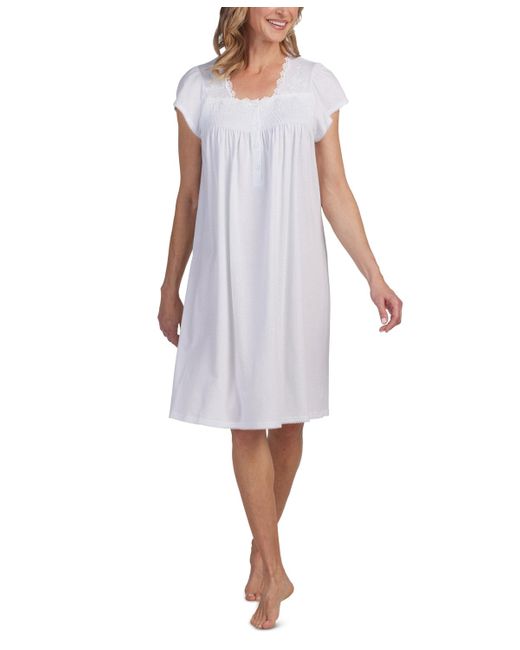 Miss Elaine White Smocked Lace-trim Nightgown