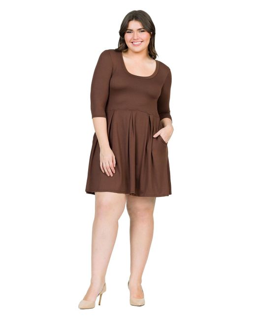 24seven Comfort Apparel Brown Plus Size Fit And Flare Elbow Sleeves Dress