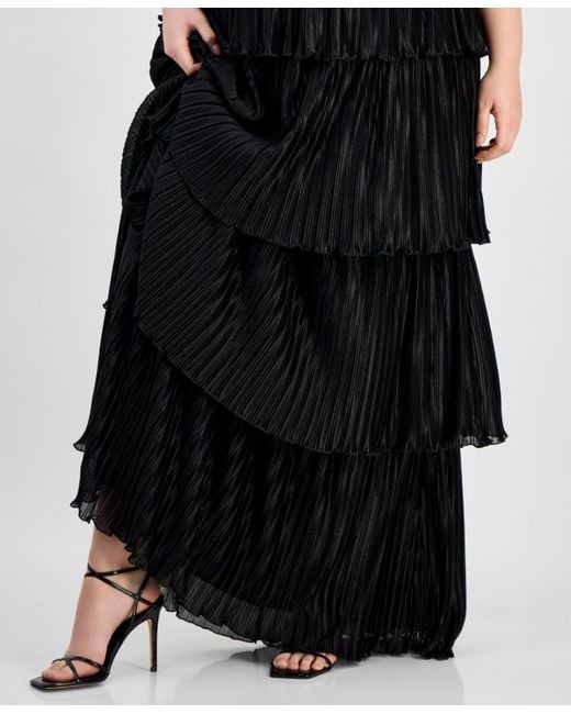 Emerald Sundae Black Trendy Plus Size Pleated Tiered Gown