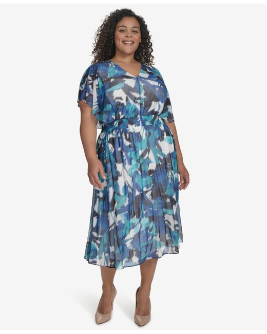 DKNY Blue Plus Size Printed Flutter-sleeve Midi Dress