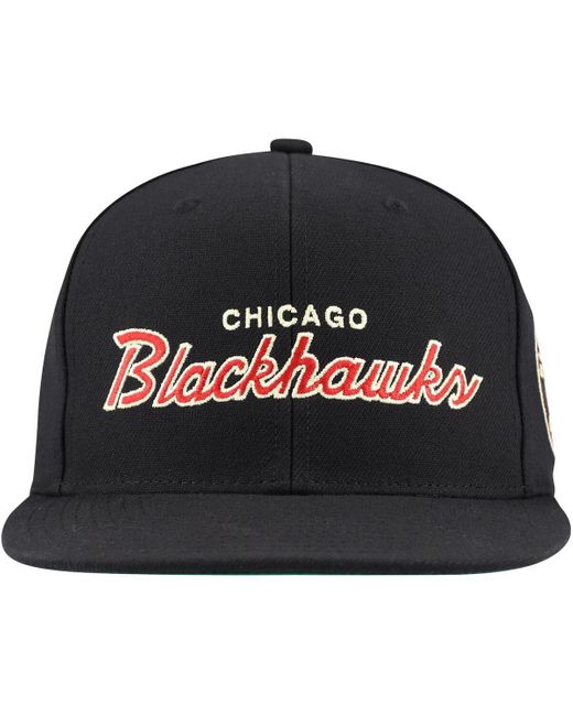 Mitchell & Ness Black Mitchell Ness Chicago Hawks Core Team Script 2.0 Snapback Hat for men