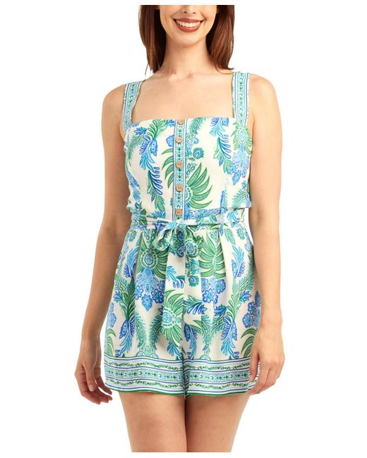 Bcx Blue Poplin Printed Button-front Romper