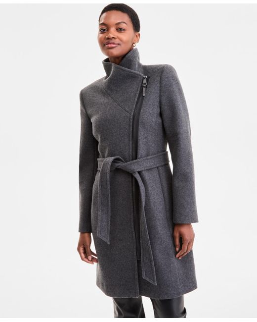 DKNY Gray Asymmetric Front-zip Belted Coat