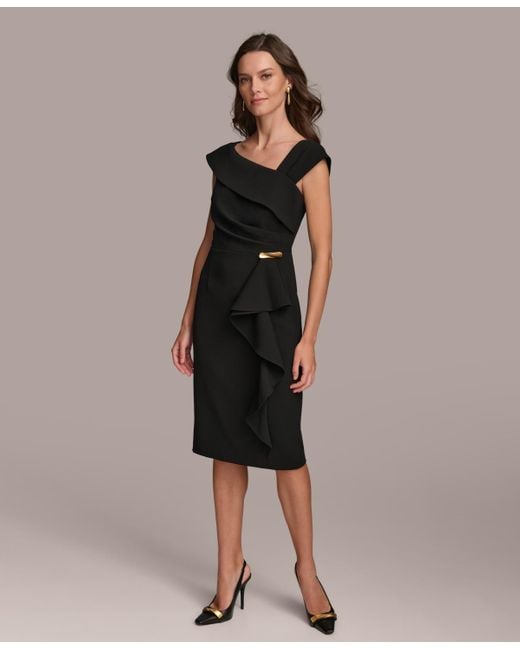 Donna Karan Black Asymmetric Neckline Cap Sleeve Ruffle Trim Sheath Dress