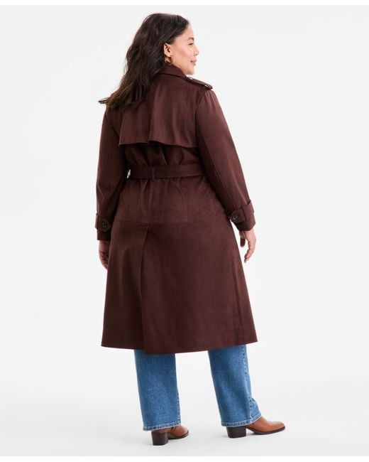 BCBGMAXAZRIA Red Plus Size Double-breasted Faux-suede Belted Trench Coat