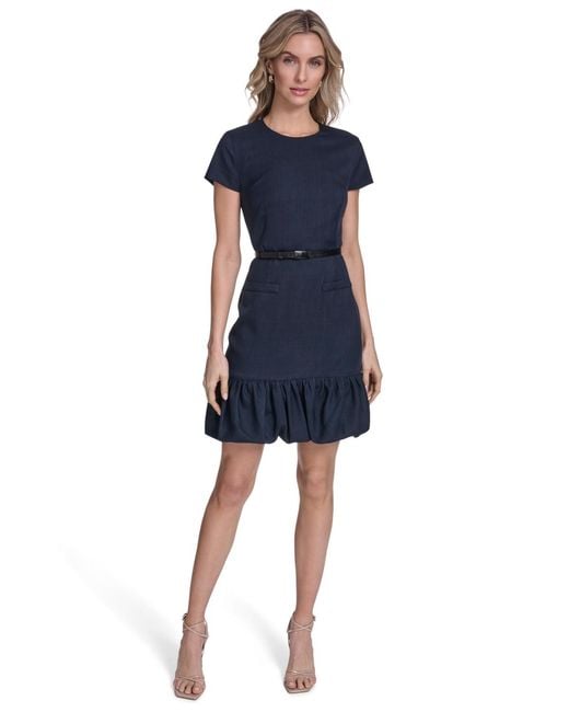 Calvin Klein Women's Blue Petite Bubble Hem Belted Short-sleeve Dress