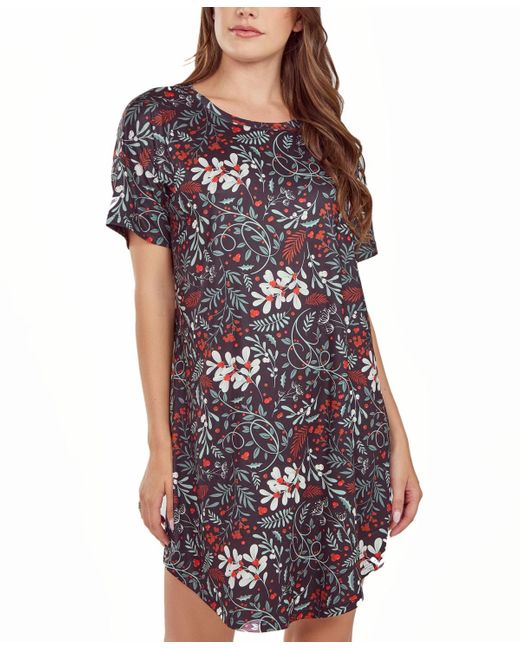 iCollection Black Short Sleeve Ultra Soft Floral Print Sleepshirt Nightgown