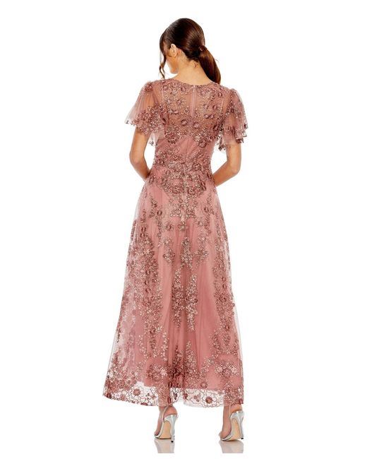 Mac Duggal Embroidered Flutter Sleeve A Line V Neck Dress in Pink | Lyst
