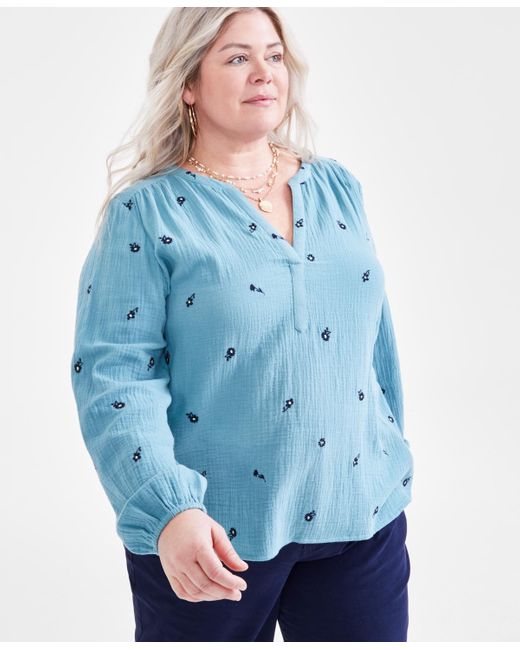 Style & Co. Blue Plus Size Cotton Printed Long-sleeve Top