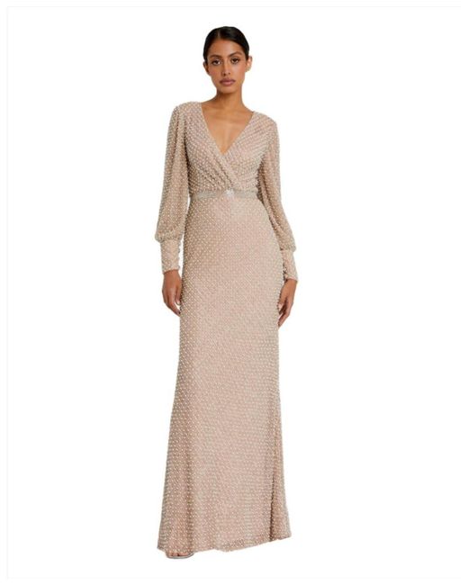 Mac Duggal Natural Wrap Over Bishop Sleeve Gown With Pearl Beading
